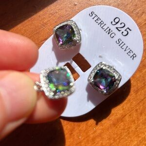 Sterling Silver Mystic topaz Fire Square Pendant & Earrings Set - Multicolor